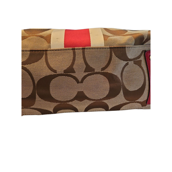 COACH Hamptons Khaki Red Signature Stripe Shoulder Tote Bag #19999 - Picture 7 of 13